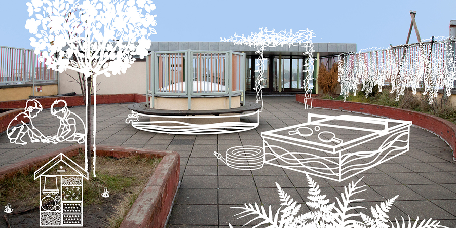 een foto van de speelplaats op het dak van de school met tekeningen van de dromen hoe het moet worden